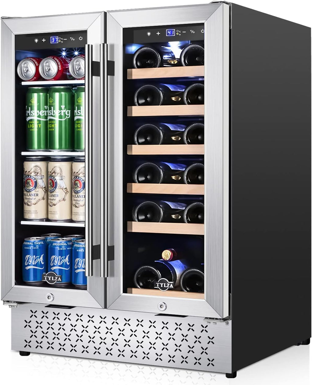 Tylza Wine and Beverage Refrigerator, 24 Inch Dual Zone Wine Fridge, Holds 18 Bottles and 88 Count, French Doors, Lock, Under-counter or Freestanding Wine Cooler, Beverage Fridge with Tempered Glass