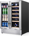 Tylza Wine and Beverage Refrigerator, 24 Inch Dual Zone Wine Fridge, Holds 18 Bottles and 88 Count, French Doors, Lock, Under-counter or Freestanding Wine Cooler, Beverage Fridge with Tempered Glass