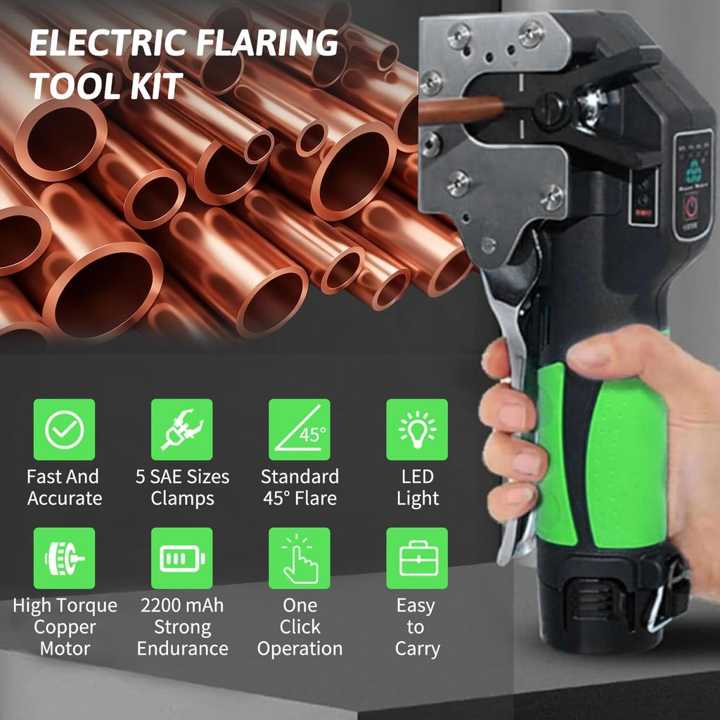 Brake Flaring Tool Kit 1/4' - 3/4' Electric Flaring Tool for Copper Tubing Pipe Precision Flaring Tool HVAC 5 SAE Sizes Clamps 45° Eccentric Cone Flare Gauge Set with 2200mAh Powered Flare Tool Set