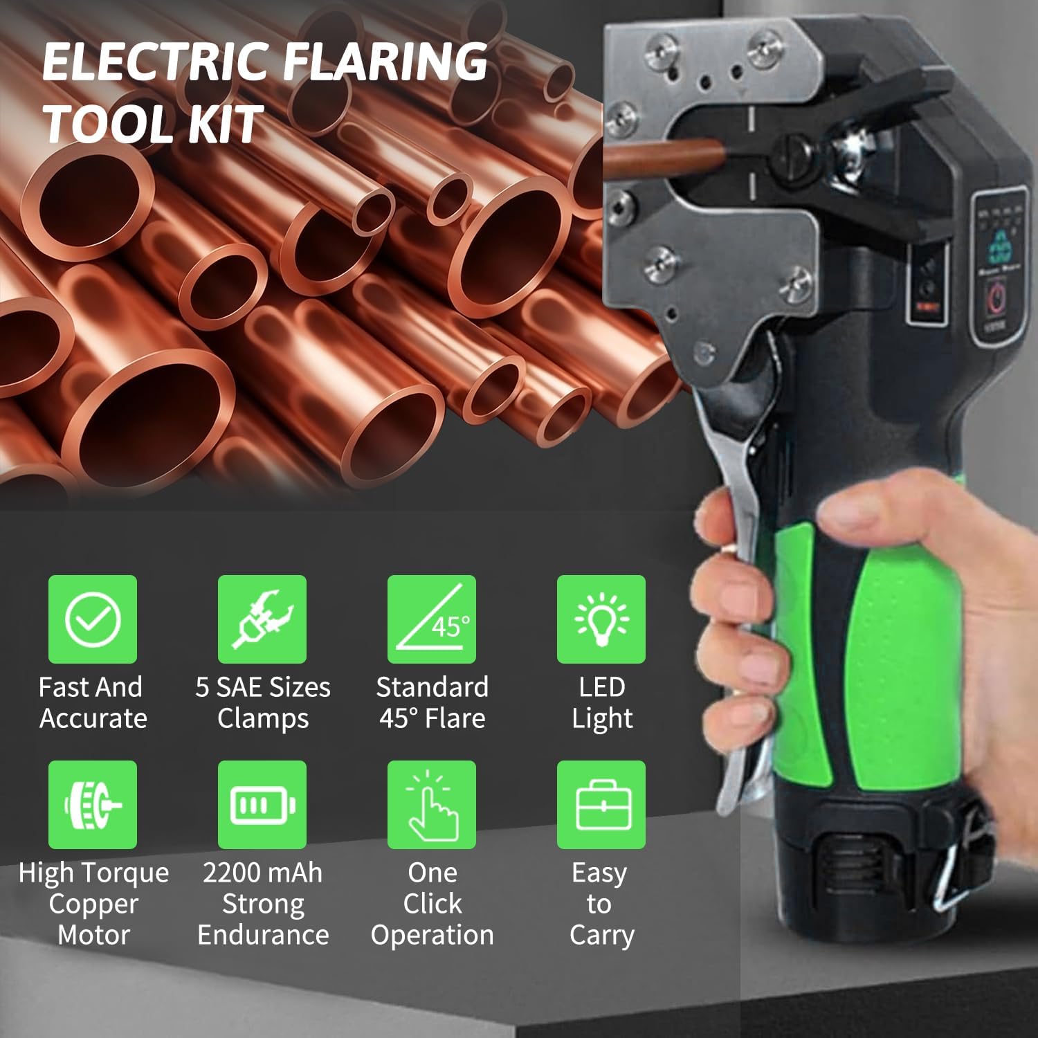 Brake Flaring Tool Kit 1/4' - 3/4' Electric Flaring Tool for Copper Tubing Pipe Precision Flaring Tool HVAC 5 SAE Sizes Clamps 45° Eccentric Cone Flare Gauge Set with 2200mAh Powered Flare Tool Set