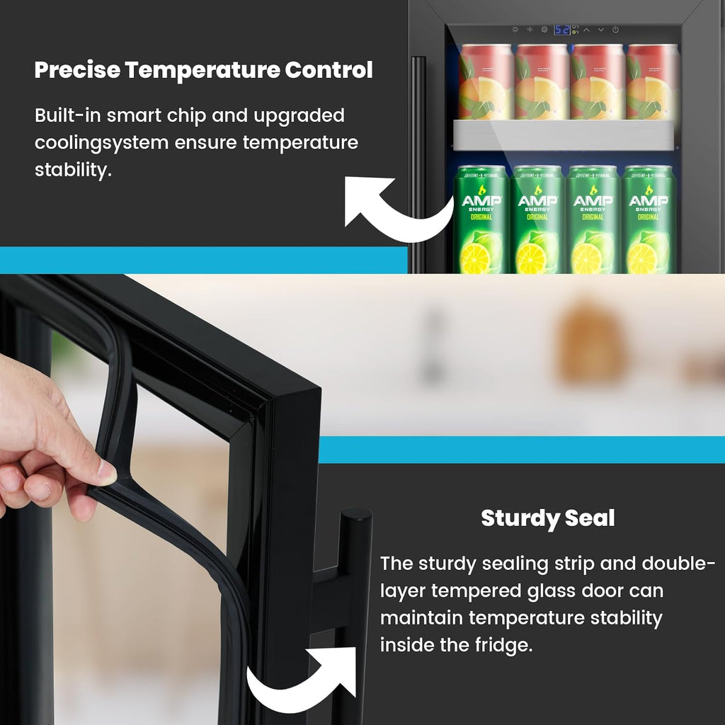 15 Inch Black Beverage Refrigerator, 130 Cans Beverage Cooler Under Counter,Freestanding 37-65°F Mini Beverage Fridge with Glass Door& Stainless Steel Shelves