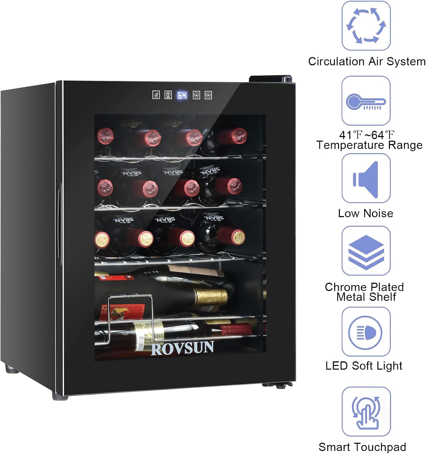 ROVSUN 22''H Small Wine Fridge with Compressor, 16 Bottles Freestanding Wine Cooler Refrigerator with Touch Panel Control and Glass Door, Wine Cellar for Red, White, Champagne or Sparkling, 41-64°F
