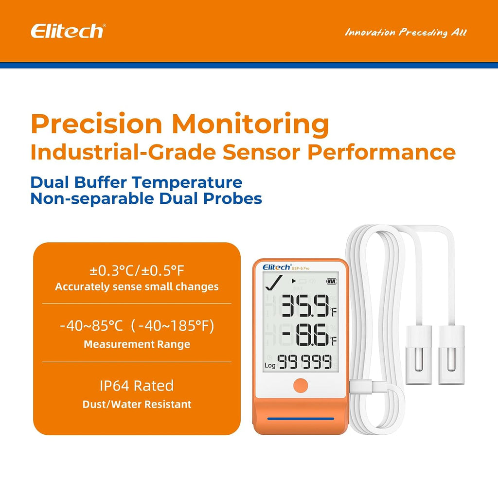 Elitech 100Pack Bluetooth Thermometer Data Logger Temperature for Refrigerator with Shadow Data 100000 Point Export PDF/CSV Report, Pharmacy Vaccine DDL Certificate, MAX MIN with Dual Probe GSP-6G-TDE