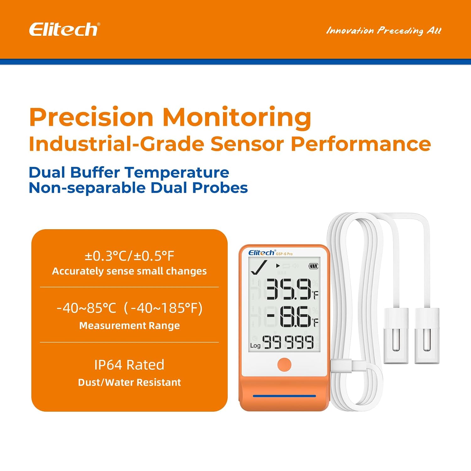 Elitech 100Pack Bluetooth Thermometer Data Logger Temperature for Refrigerator with Shadow Data 100000 Point Export PDF/CSV Report, Pharmacy Vaccine DDL Certificate, MAX MIN with Dual Probe GSP-6G-TDE