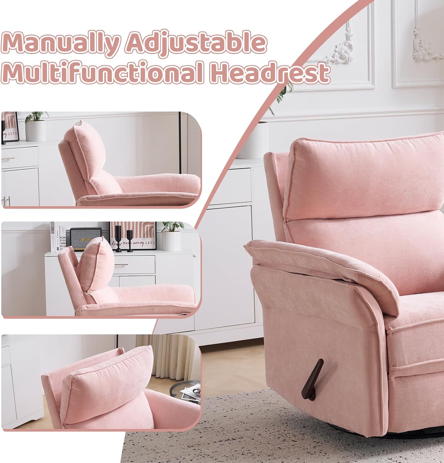 Swivel Rocker Recliner with Adjustable Headrest,Upholstered Glider Rocker Recliner with Overstuffed Armrest,Manual Recliner Nursery Chair for Living Room,Pink