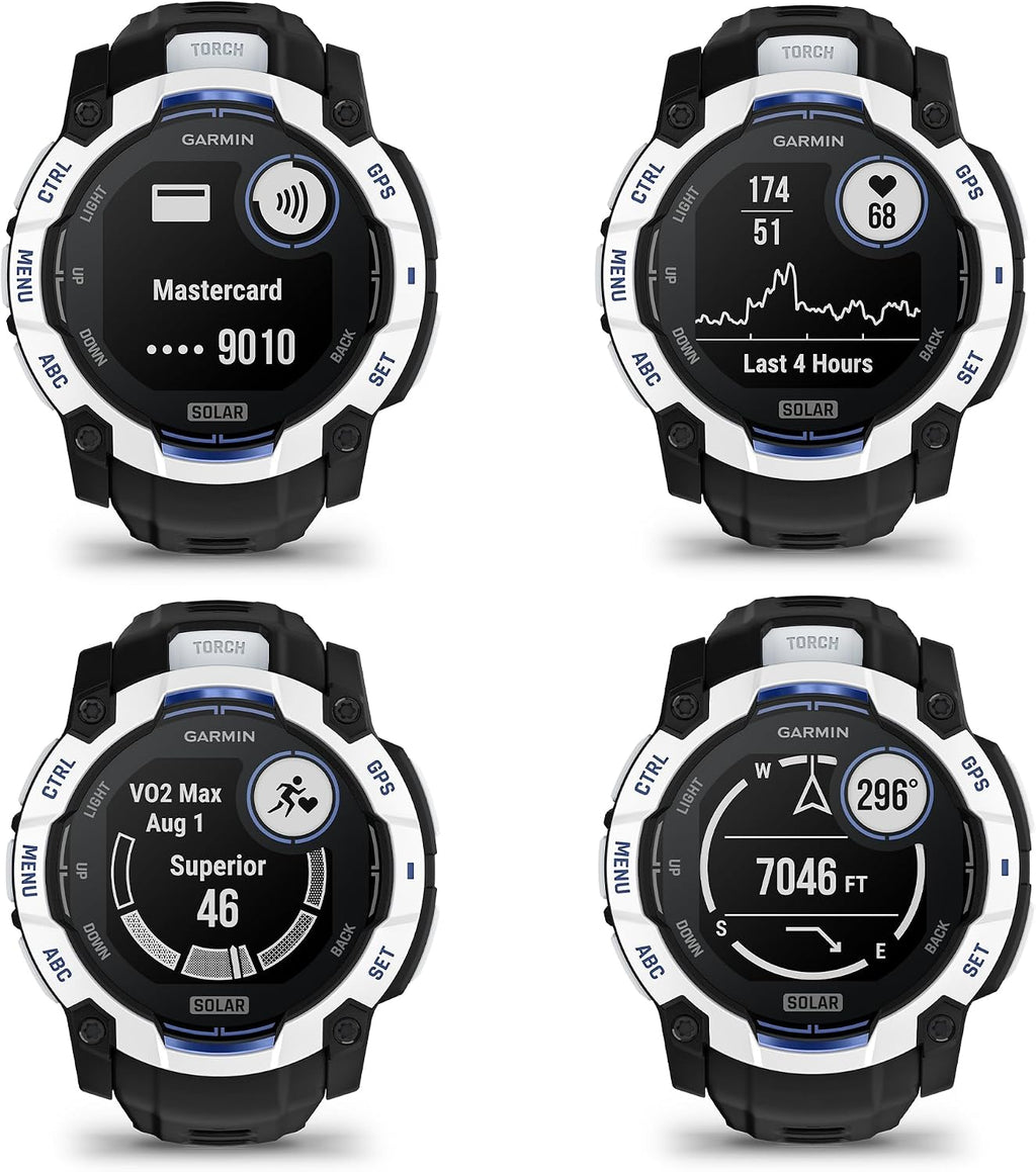 Garmin Instinct 3 Solar Rugged GPS Smartwatch, 50 mm Case, Unlimited Battery with Solar Charging, Multi-Band GPS, Built-in Flashlight, Whitestone with Black/Bolt Blue Band (Supernova Collection)