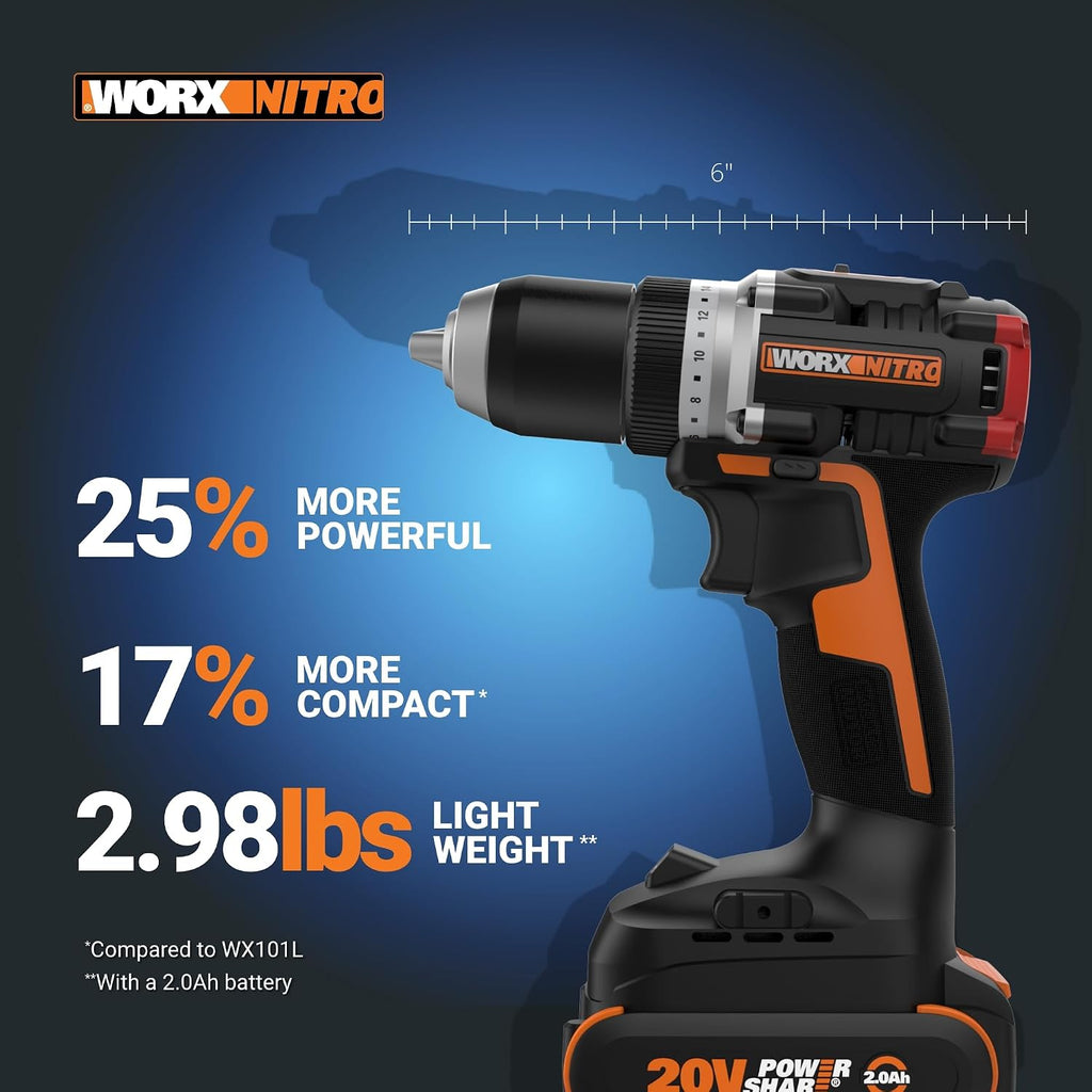 Worx Nitro 20V Cordless 1/2' Drill Driver With Brushless Motor - Compact & Lightweight Set Only 6' and 3 lbs. - Power Share Compatible WX130L - Batteries & Charger Included, Black