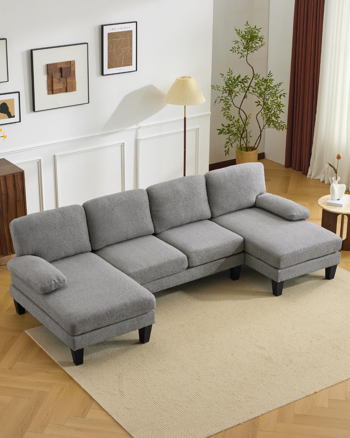 Karl home 110' U-Shape Sectional Couches for Living Room Chenille Upholstery 4 Seat Sofa Set with Double Chaises & Wood Grain Legs for Apartment, Dust Grey