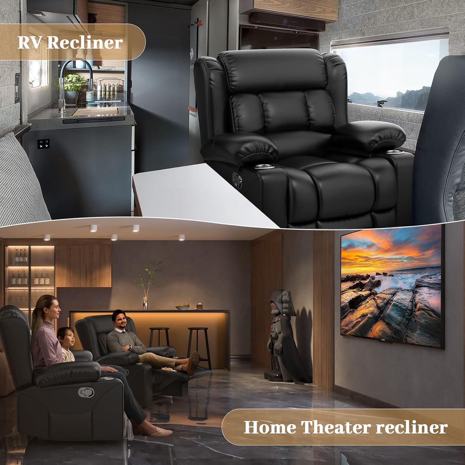 FURNIMAT Recliner Chair, Oversized Manual Reclining Chair for Adults, Single Reclining Sofa with Cup Holder & Pocket, Lounge Recliner for Living Room Home Theater Seating RV Chairs