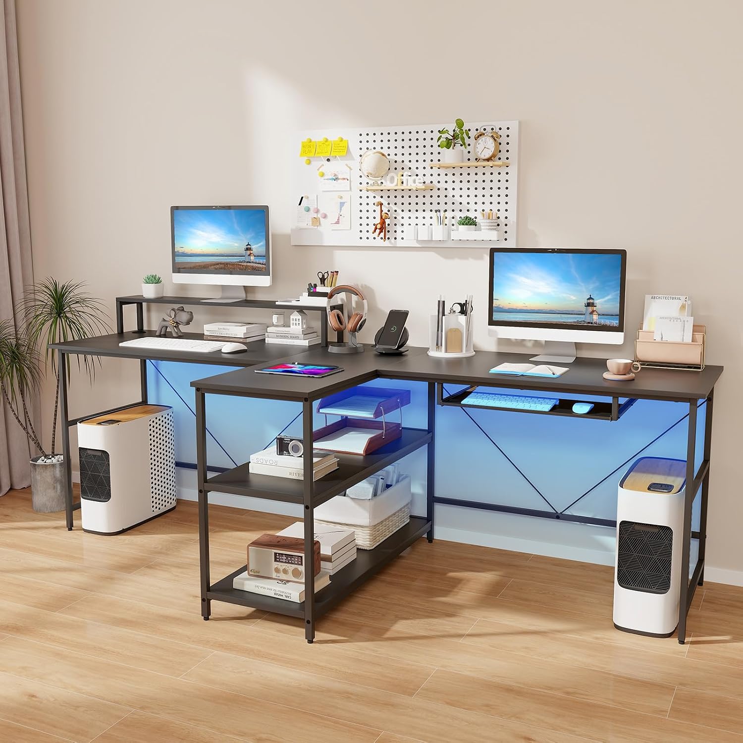 Giantex 94.5' 2 Person Desk with LED Lights, Long PC Study Desk with Storage Shelves, Power Outlets, Keyboard Tray & Monitor Stand, Double Computer Desk Workstation for Home Office (Black)