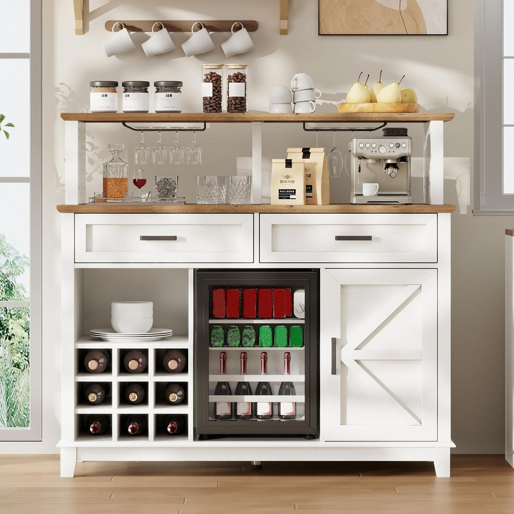 LUXOAK Farmhouse Coffee Bar Cabinet with Beverage Refrigerator Cooler, 47' Rustic Wine Bar Cabinet w/15 Mini Fridge, Barn Door & Glass Racks, Kitchen Hutch Buffet Table w/Drawer, Dining Room, White
