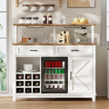 LUXOAK Farmhouse Coffee Bar Cabinet with Beverage Refrigerator Cooler, 47' Rustic Wine Bar Cabinet w/15 Mini Fridge, Barn Door & Glass Racks, Kitchen Hutch Buffet Table w/Drawer, Dining Room, White