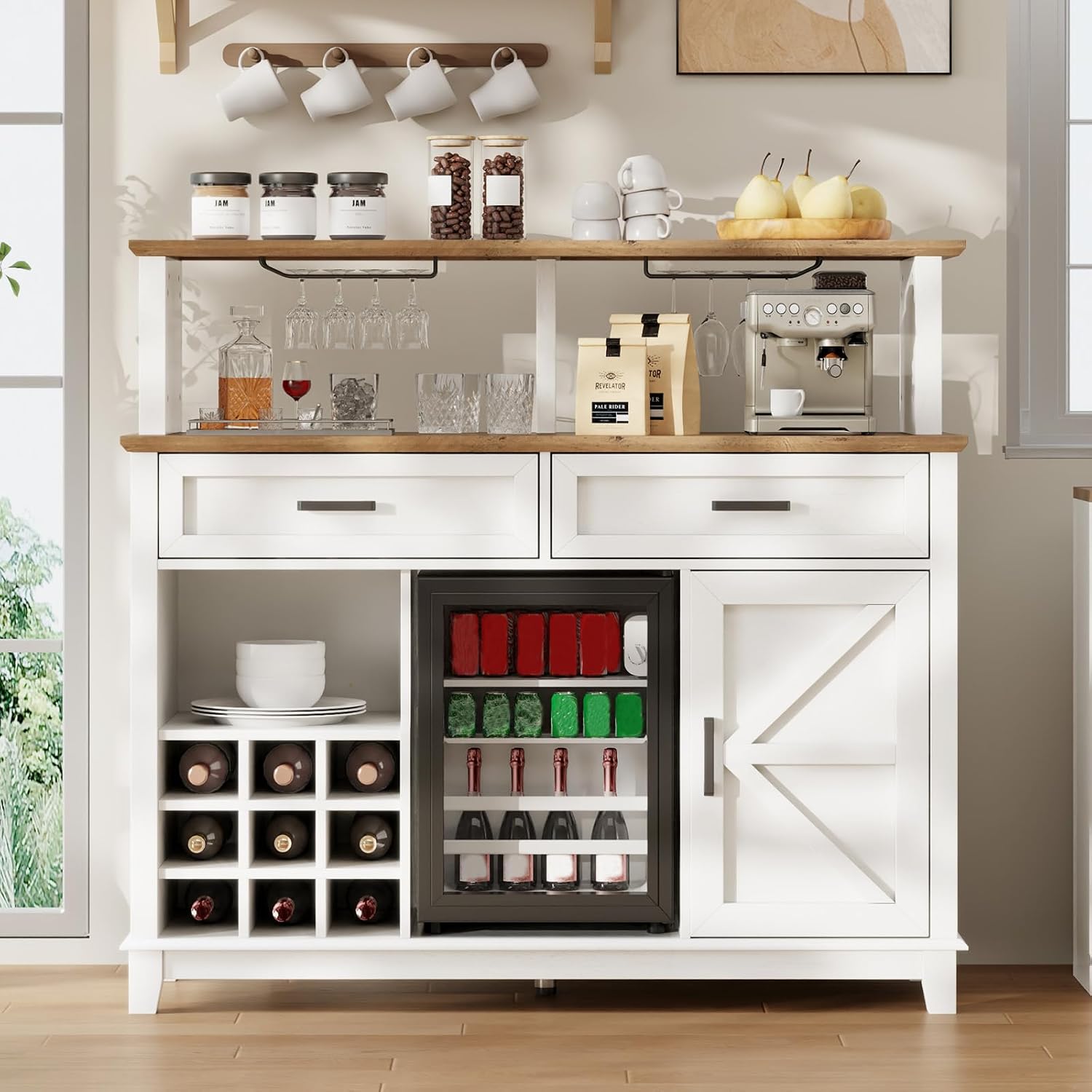 LUXOAK Farmhouse Coffee Bar Cabinet with Beverage Refrigerator Cooler, 47' Rustic Wine Bar Cabinet w/15 Mini Fridge, Barn Door & Glass Racks, Kitchen Hutch Buffet Table w/Drawer, Dining Room, White