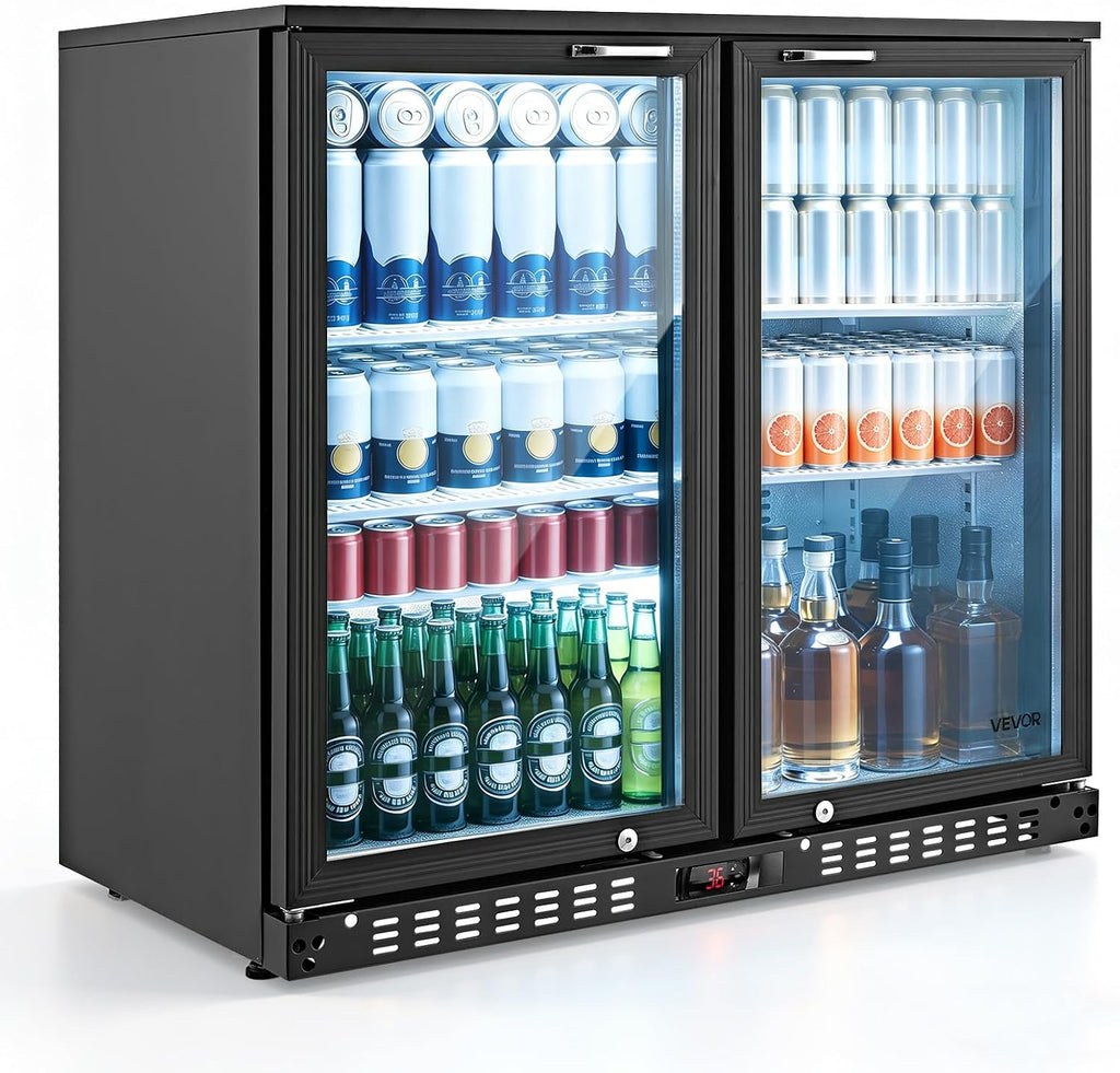 VEVOR Back Bar Cooler, 7.4 Cu. Ft Commercial Beverage Refrigerator, Under Counter Bar Fridge with 2 Glass Doors, LED Lighting, Shelves, Low-E Glass Display Cooler for Beer, Soda, Wine, Drinks