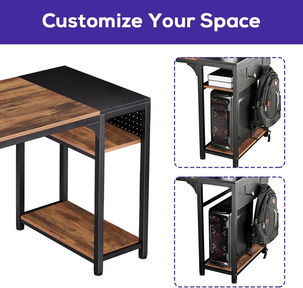 It's_Organized Reversible L Shaped Desk with Monitor Stand,58x47 inch Corner Desk,Study Writing Computer Table with Storage Shelves for Home Office,Rustic Brown/Black