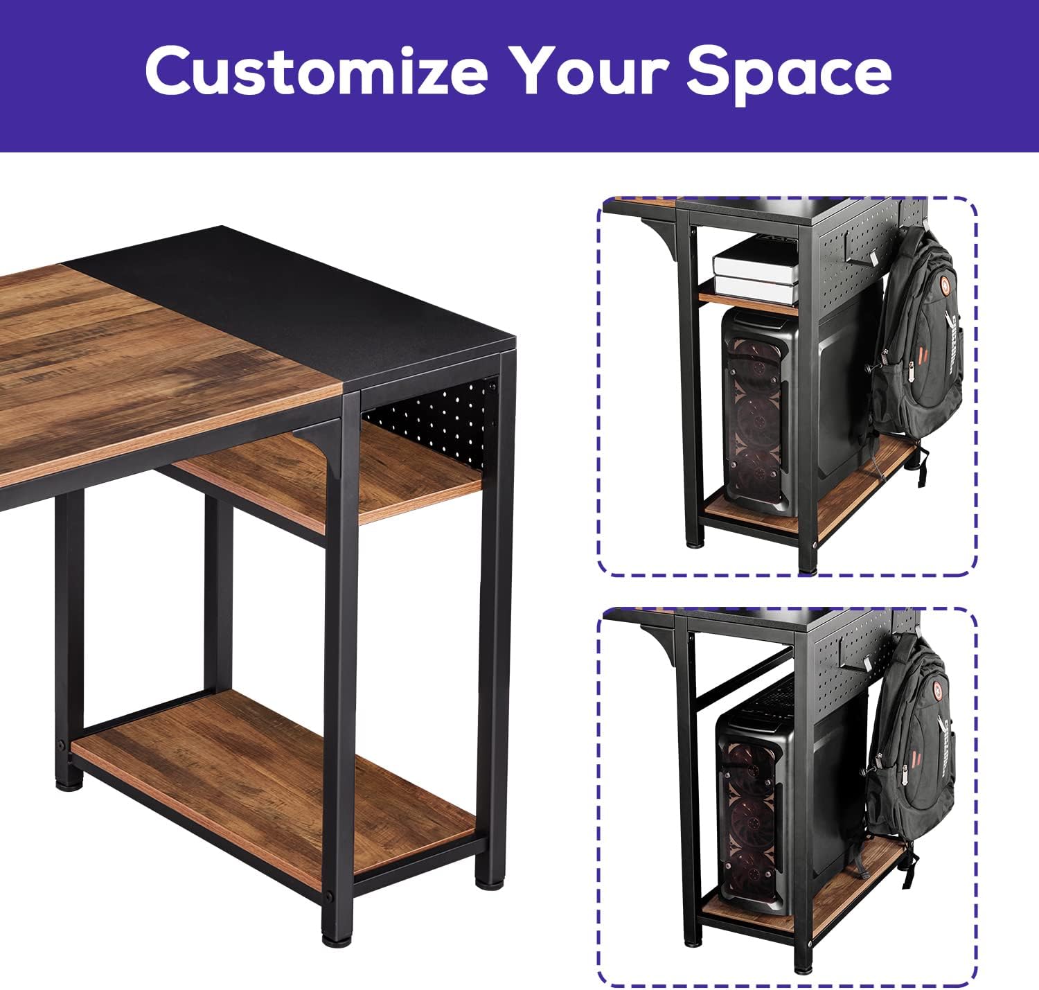 It's_Organized Reversible L Shaped Desk with Monitor Stand,58x47 inch Corner Desk,Study Writing Computer Table with Storage Shelves for Home Office,Rustic Brown/Black