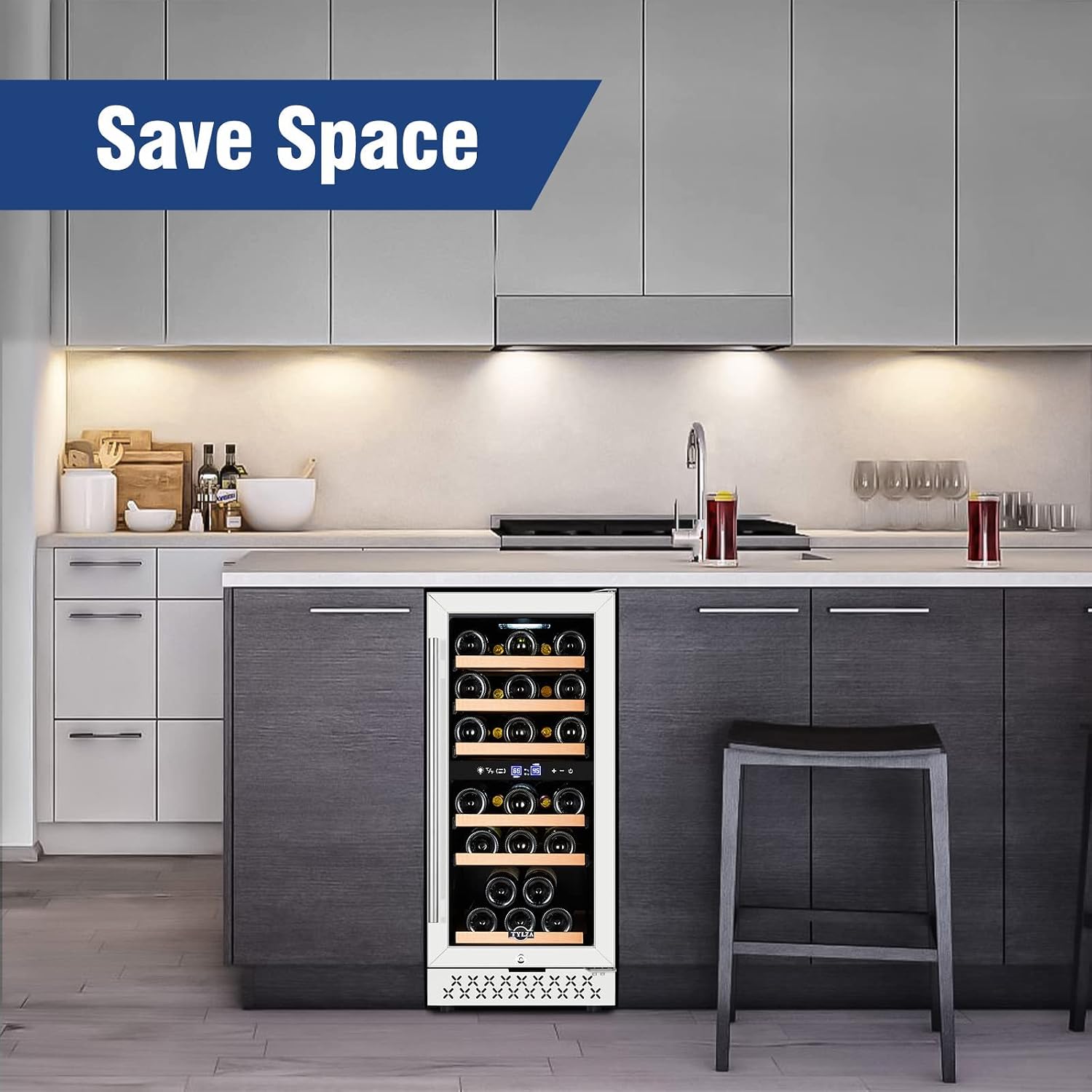 Tylza 15 Inch Wine Fridge, 30 Bottles Dual Zone Wine Cooler Refrigerator, Undercounter or Freestanding, 40-65°F, Wine Cabinet with Tempered Glass Door, Wine Cooler for Home, Kitchen, Bar