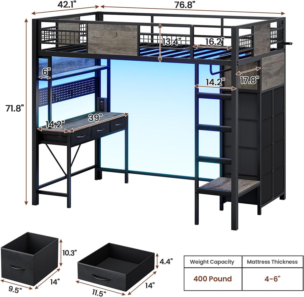 ADORNEVE Loft Bed Twin Size with Desk, 11 Storage Drawers, Metal Kids Loft with RGB Lights, Charging Station, Shelves & Clothing Rack, 13.4' H Safety Guard & Paded Ladder, Black & Grey