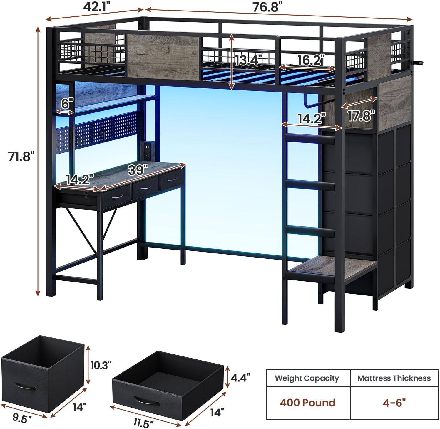 ADORNEVE Loft Bed Twin Size with Desk, 11 Storage Drawers, Metal Kids Loft with RGB Lights, Charging Station, Shelves & Clothing Rack, 13.4' H Safety Guard & Paded Ladder, Black & Grey