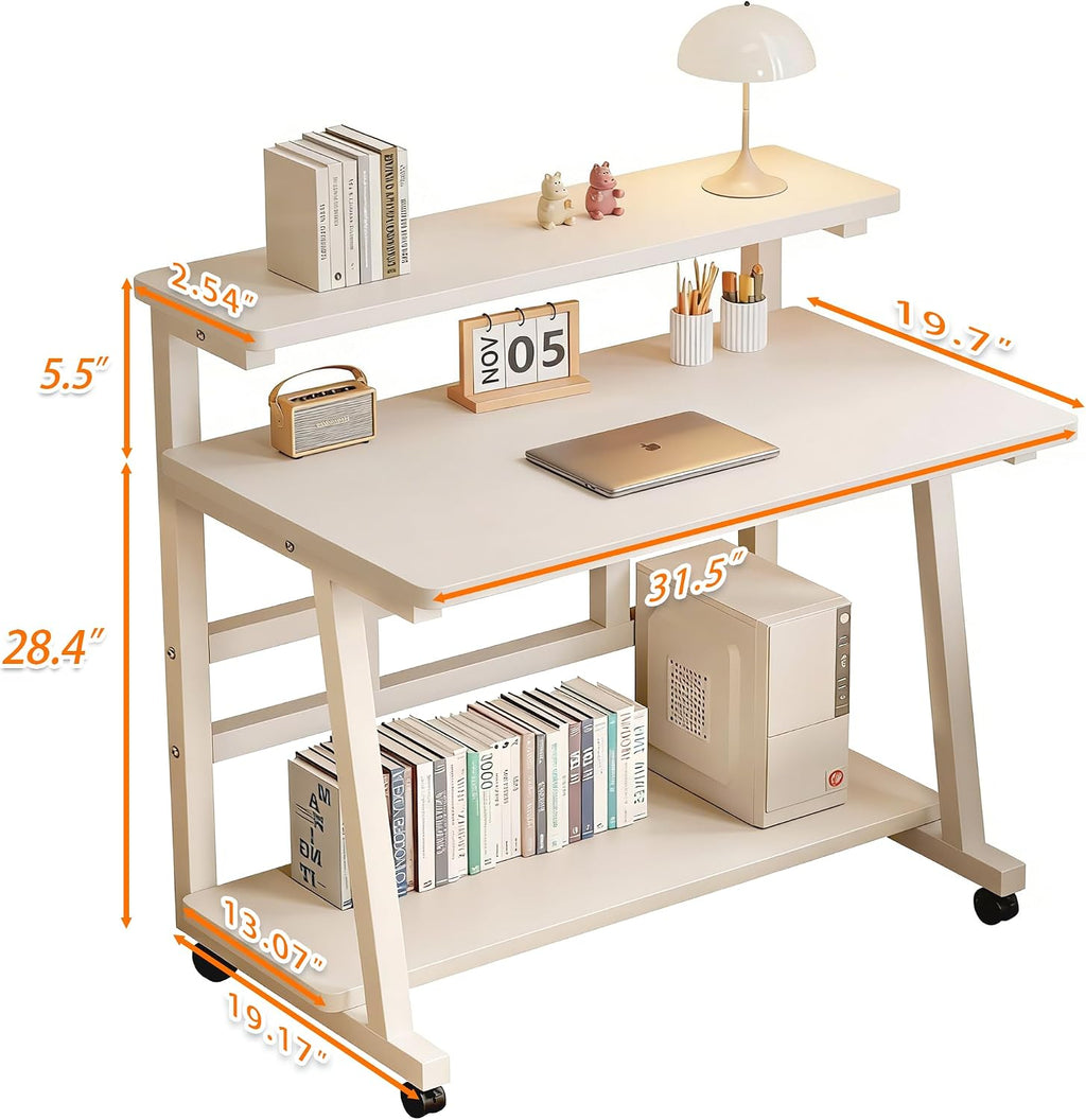 31.5 Inch Office Desk, Rolling Small Computer Desk with Monitor Stand and Storage Shelves, Small Desk for Bedroom & Home Office,Portable writing desk on Wheels for Small Spaces