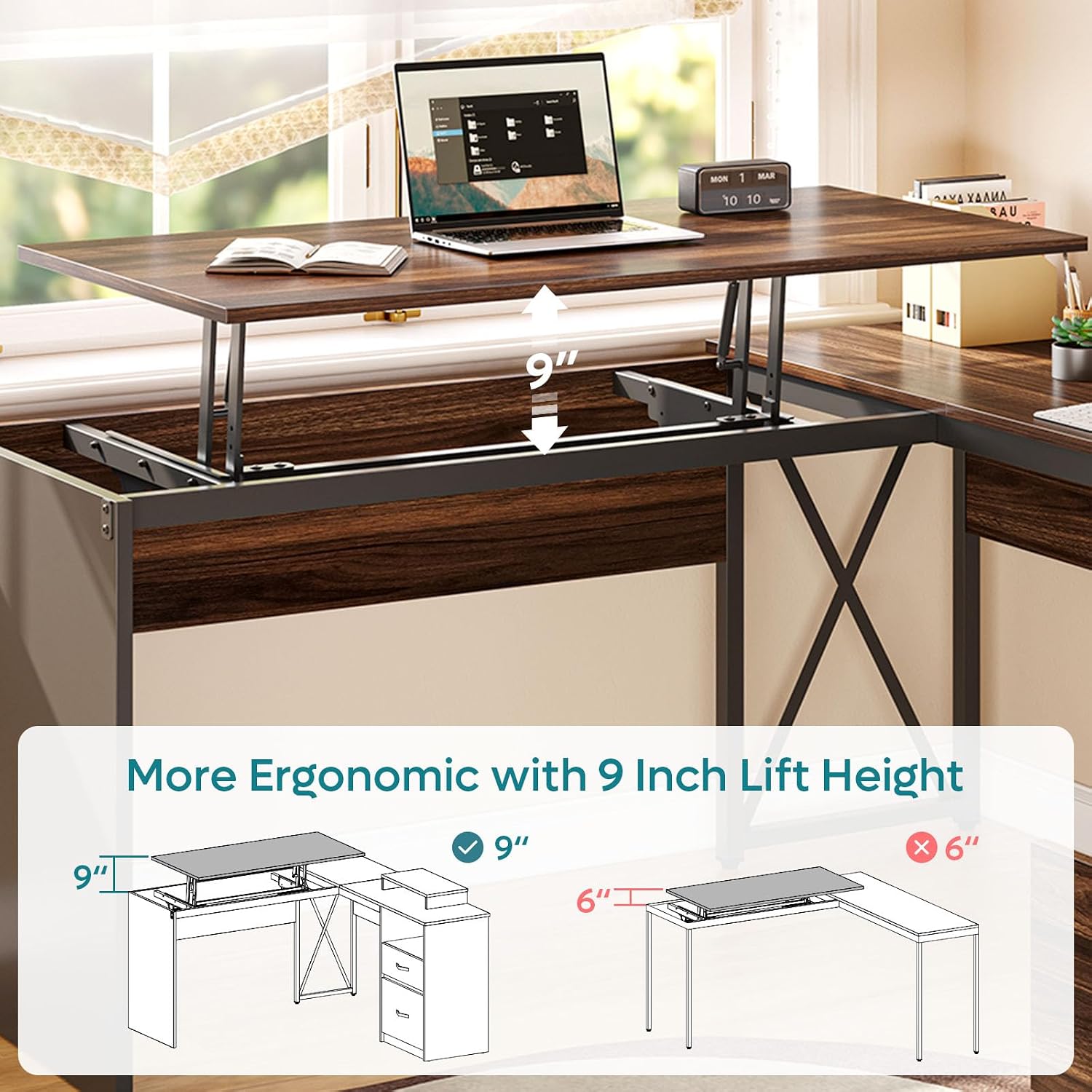 Bestier L Shaped Standing Desk with Lift Top, 55' x 55' Standing Corner Desk for Home Office, Computer Desk with Reversible File Drawer and Monitor Stand, Walnut