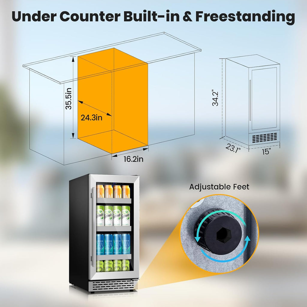 15 Inch Beverage Refrigerator,130 Cans Under Counter Beverage Fridge with Glass Door for Soda Beer Water, Freestanding Reversible Door Beverage Cooler Refrigerator for Home&Kitchen