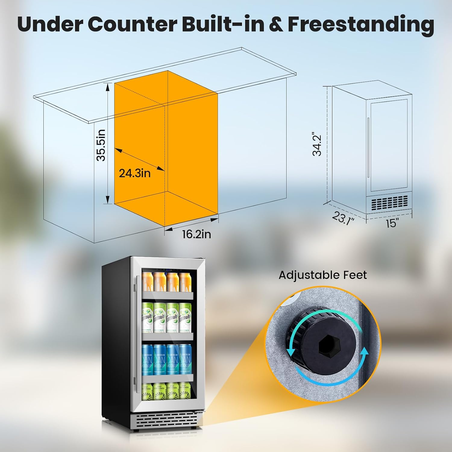 15 Inch Beverage Refrigerator,130 Cans Under Counter Beverage Fridge with Glass Door for Soda Beer Water, Freestanding Reversible Door Beverage Cooler Refrigerator for Home&Kitchen