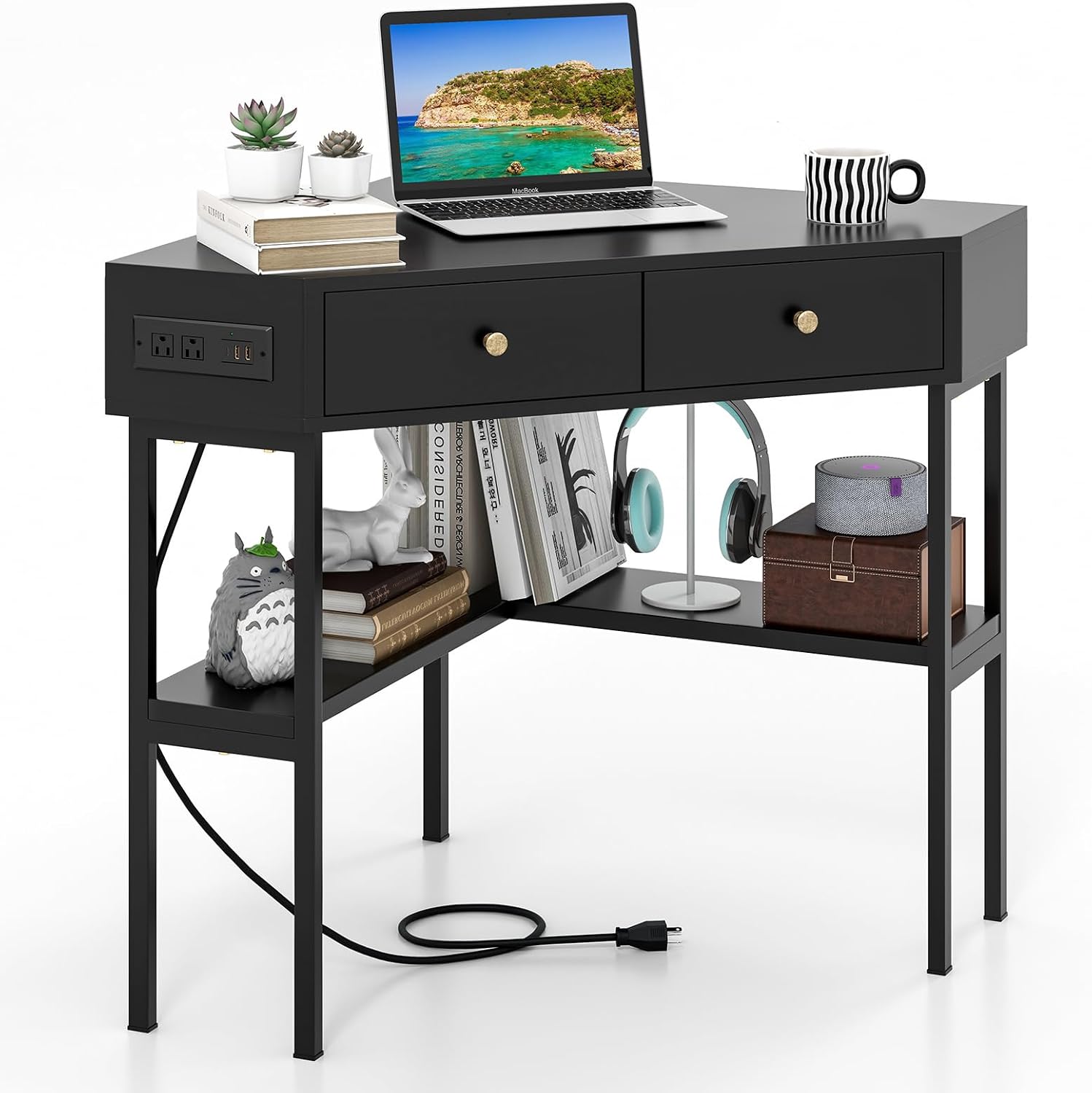 Tangkula Corner Desk with 2 Drawers & Built-in Charging Station, 90 Degrees Triangle Computer Desk for Small Space, Bedroom Makeup Vanity Desk with Storage Shelves, Corner Writing Desk