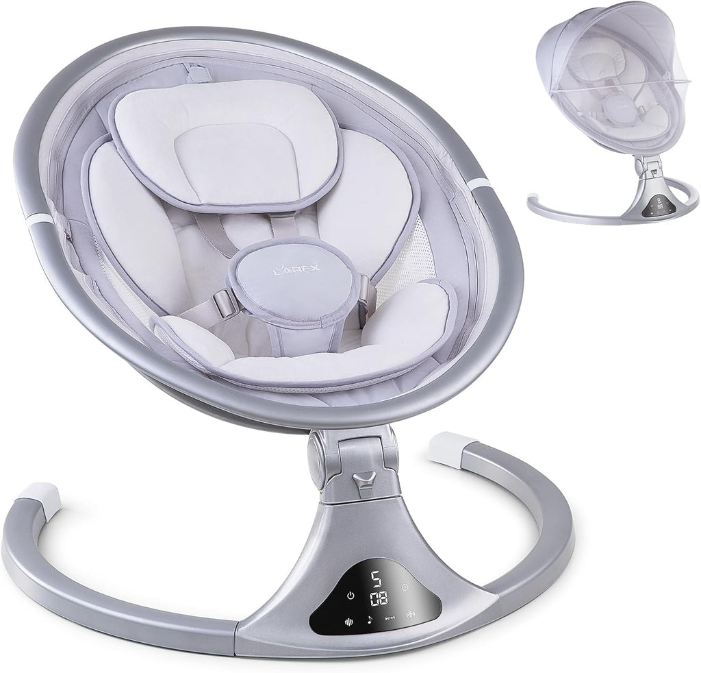 LAREX Baby Swing to Toddler Electric Infant Swing Portable for Newborn Boy Girl, 5 Sway Speeds with Remote Control, 12 Preset Melodies and Bluetooth, 0-6 Months Max 20 Lbs (2024 Model-Sliver)