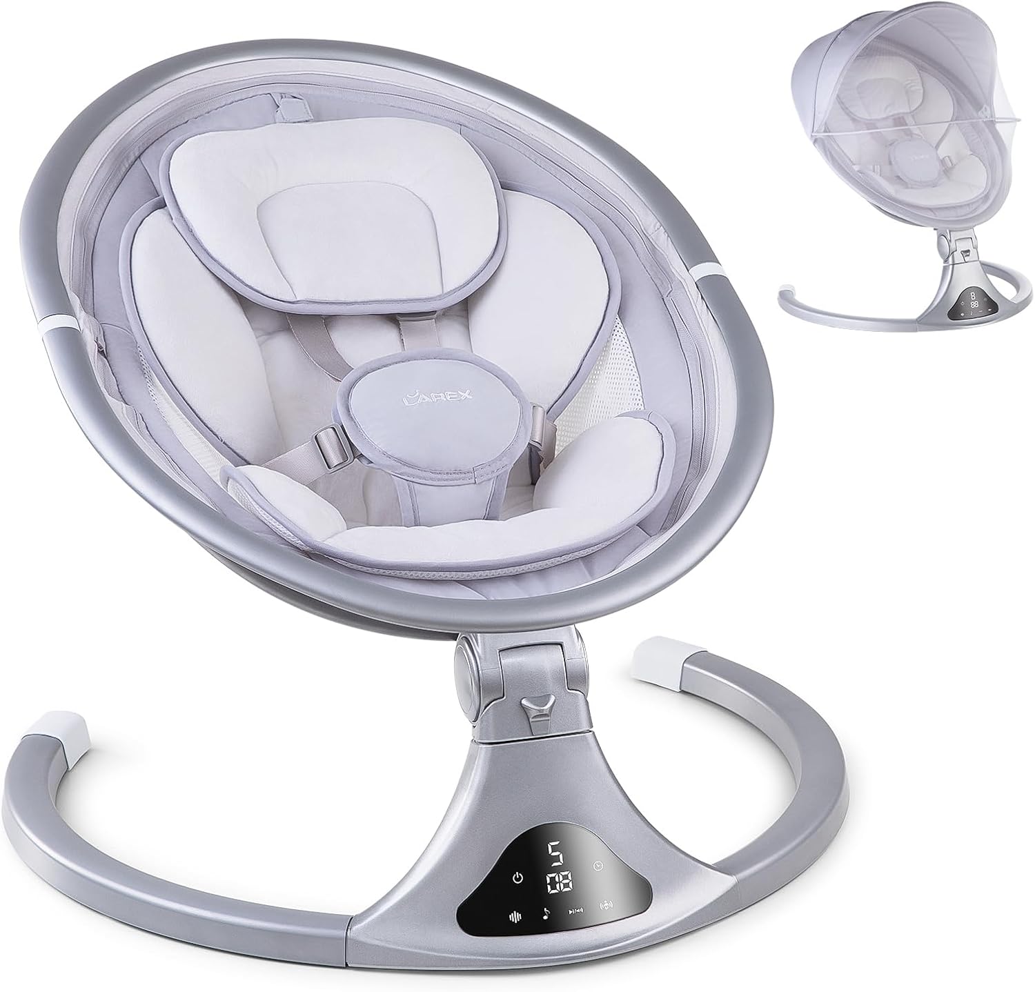 LAREX Baby Swing to Toddler Electric Infant Swing Portable for Newborn Boy Girl, 5 Sway Speeds with Remote Control, 12 Preset Melodies and Bluetooth, 0-6 Months Max 20 Lbs (2024 Model-Sliver)