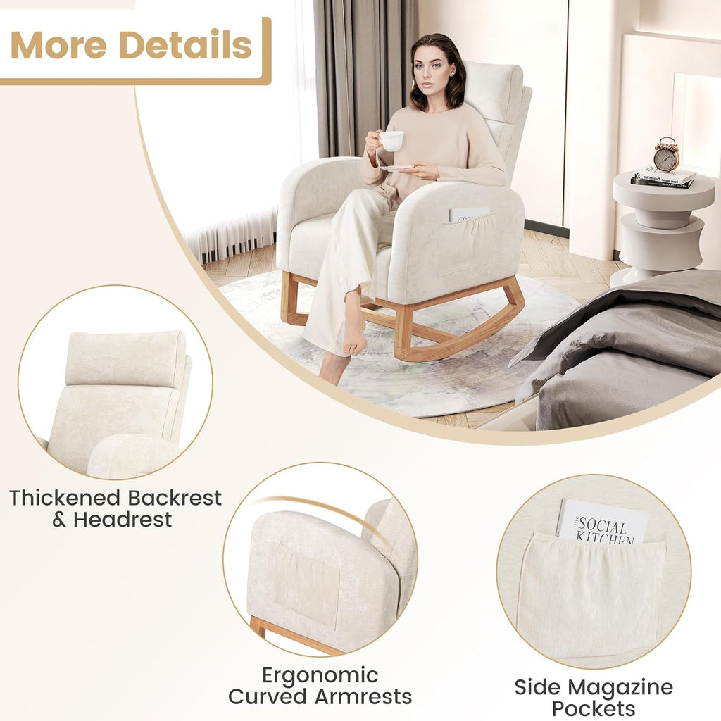 Giantex Rocking Chair Nursery Set of 2, Upholstered Chenille Rocker Chair w/Side Pocket, Natural Rubber Wood Frame, High Back, Modern Nursery Glider Armchair for Living Room, Bedroom