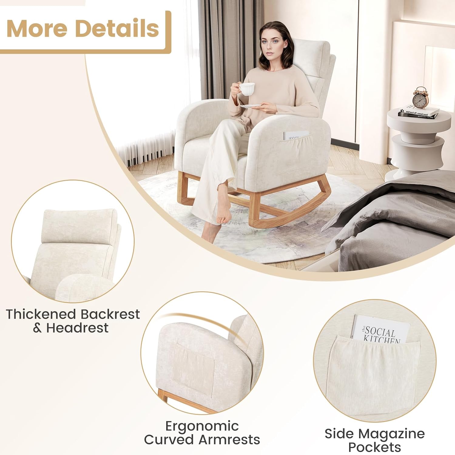 Giantex Rocking Chair Nursery Set of 2, Upholstered Chenille Rocker Chair w/Side Pocket, Natural Rubber Wood Frame, High Back, Modern Nursery Glider Armchair for Living Room, Bedroom