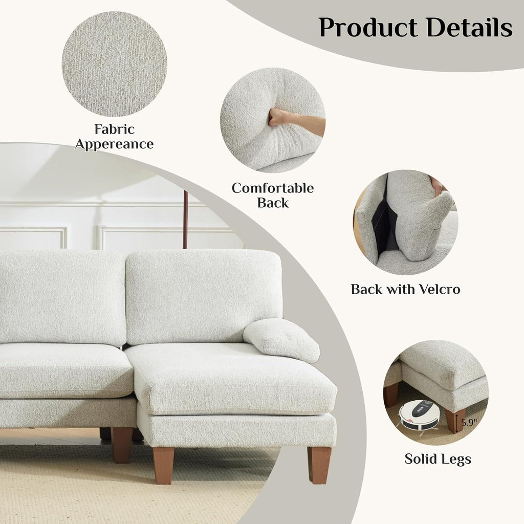 Karl home 110' U-Shape Sectional Couches for Living Room Chenille Upholstery 4 Seat Sofa Set with Double Chaises & Wood Grain Legs for Apartment, White