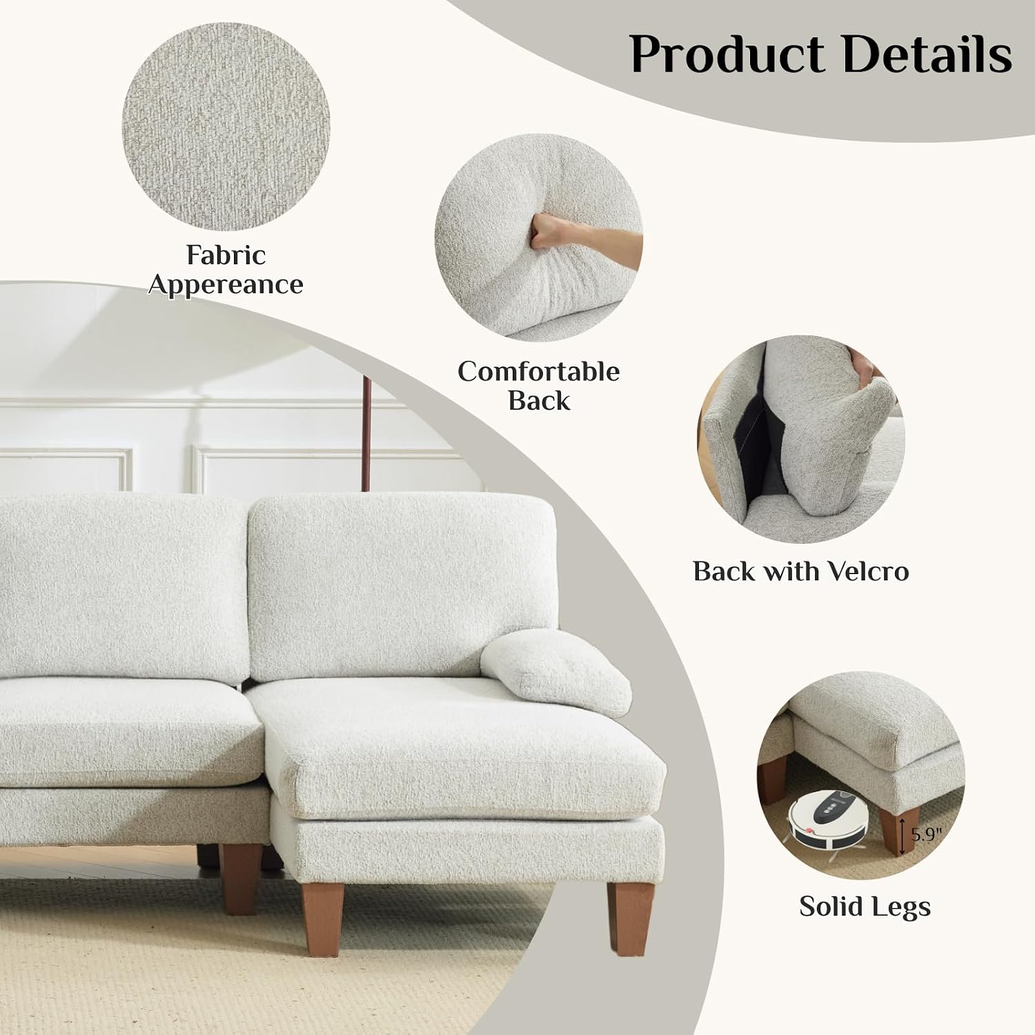 Karl home 110' U-Shape Sectional Couches for Living Room Chenille Upholstery 4 Seat Sofa Set with Double Chaises & Wood Grain Legs for Apartment, White