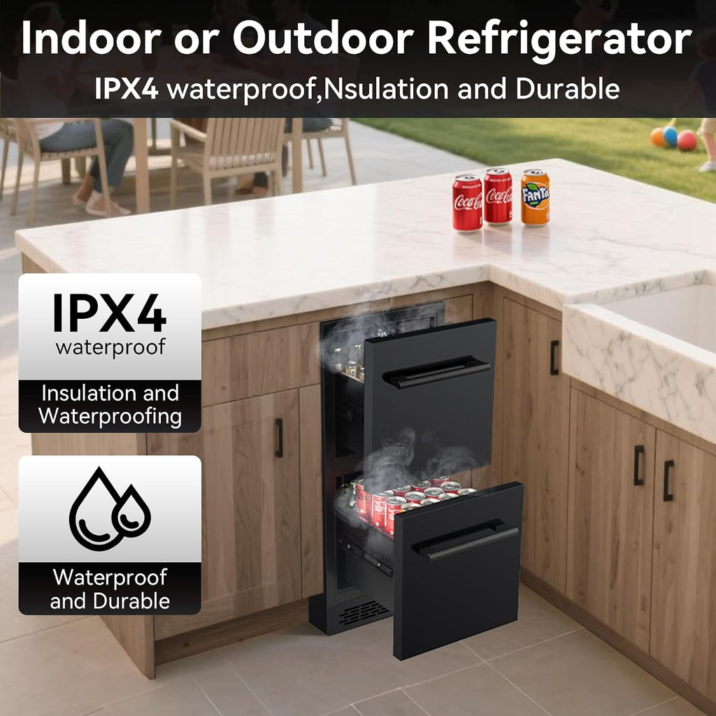 15 Inch Double Drawer Beverage Refrigerator, 3.39 Cu.Ft. Under Counter Fridge, Waterproof All Black Stainless Steel Beverage Fridge,low noise Rapid cooling for Indoor, Outdoor, Kitchen, Patio