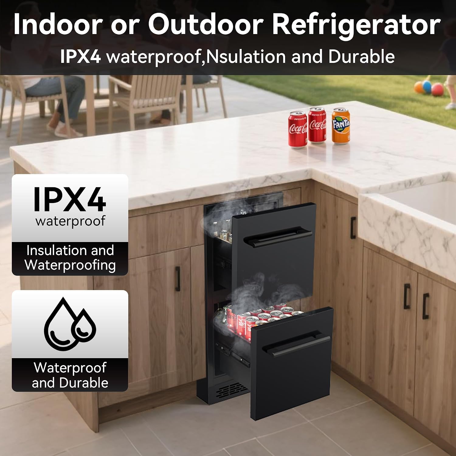 15 Inch Double Drawer Beverage Refrigerator, 3.39 Cu.Ft. Under Counter Fridge, Waterproof All Black Stainless Steel Beverage Fridge,low noise Rapid cooling for Indoor, Outdoor, Kitchen, Patio