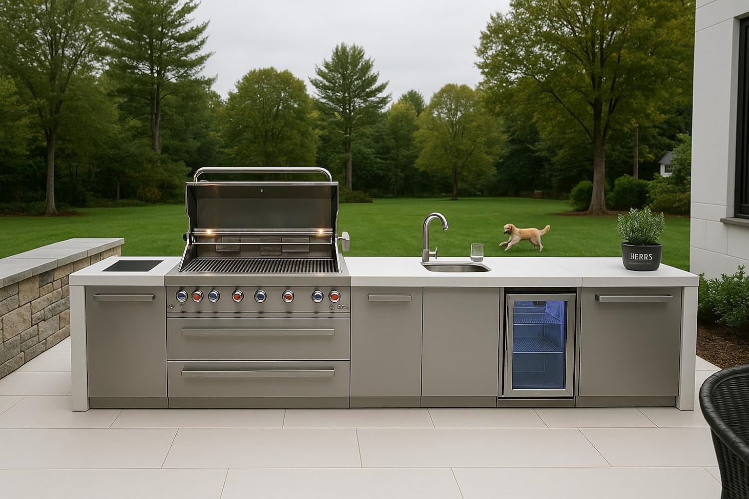 Mont Alpi Premium 157' Deluxe Stainless Steel Outdoor Kitchen Island with Refrigerator + Beverage Center Faucet & Sink + 44'W 6-Burner BBQ Gas Grill + Granite Countertops + Storage Cabinets & Drawers