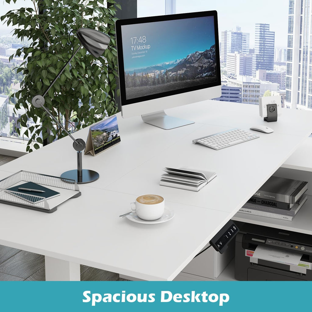 Homsee Home Office L Shaped Electric Standing Desk with Drawers and Shelves, Height Adjustable & Shape Reversible Stand up Desk, 63' Computer Executive Corner Table, White