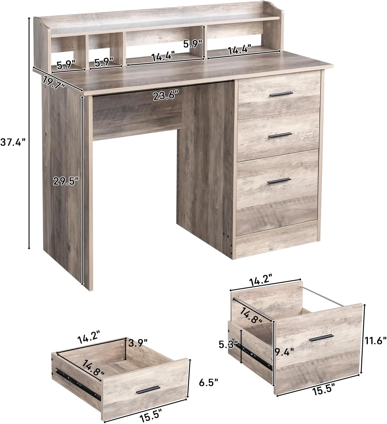 Karl home Grey Computer Desk with Drawers ＆ Hutch, Modern Home Office Desks with Storage for Kids Students Teens, Small Wood Table for Work Study Gaming Writing, PC Laptop Workstation