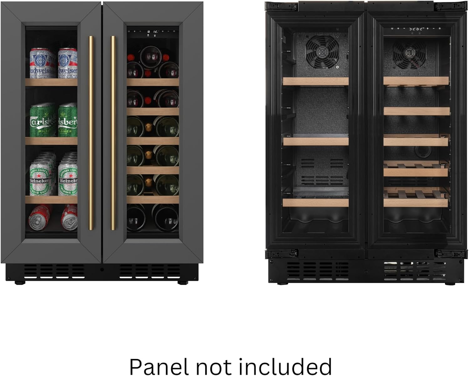 KoolMore Reserve 24 in. French Door Dual Zone Panel Ready Under-Counter Cooler with Wooden Shelves and 20 Bottle Capacity in the Right Zone and 2.1 Cu. Ft. on the Left in Black (KM-CWB24-WPR)