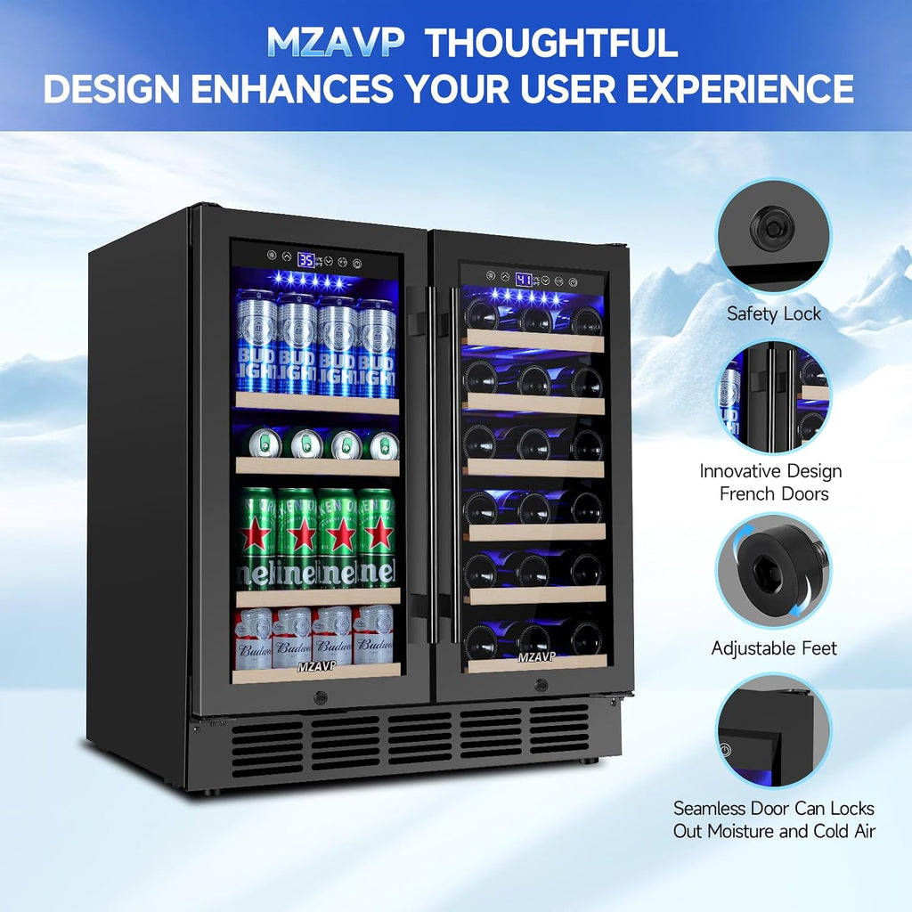 30 Inch Wine and Beverage Refrigerator, Dual Zone Wine Beverage Cooler, 30' Wine Cooler Under Counter or Freestanding Wine Beer Fridge with Upgraded Cooling, Holds 30 Bottles and 110 Cans, Black