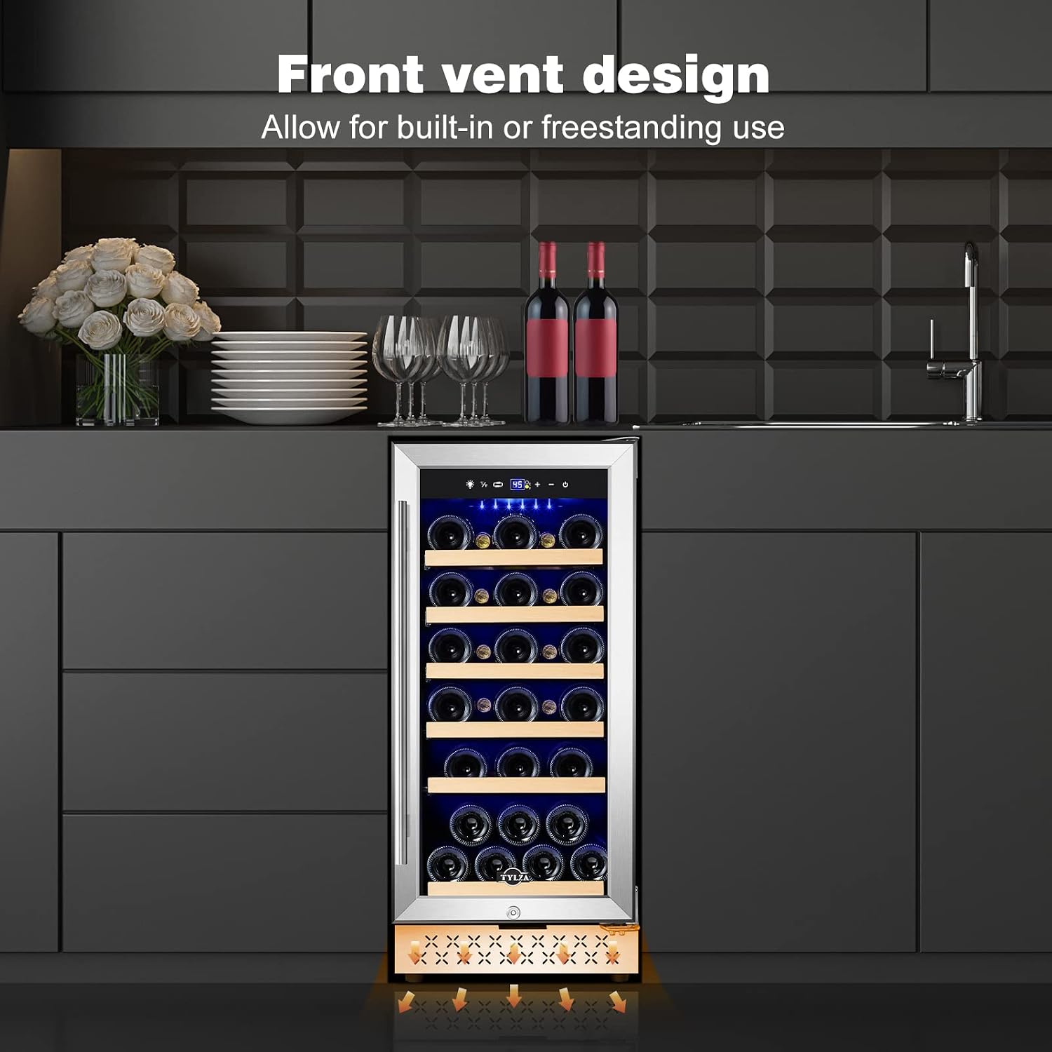 Tylza 15 Inch Wine Cooler Under Counter, 30 Bottles Built-in Wine Fridge with Stainless Steel Tempered Glass Door, Temp Memory Function, Freestanding Fast Cooling Wine refrigerator, Quiet Operation