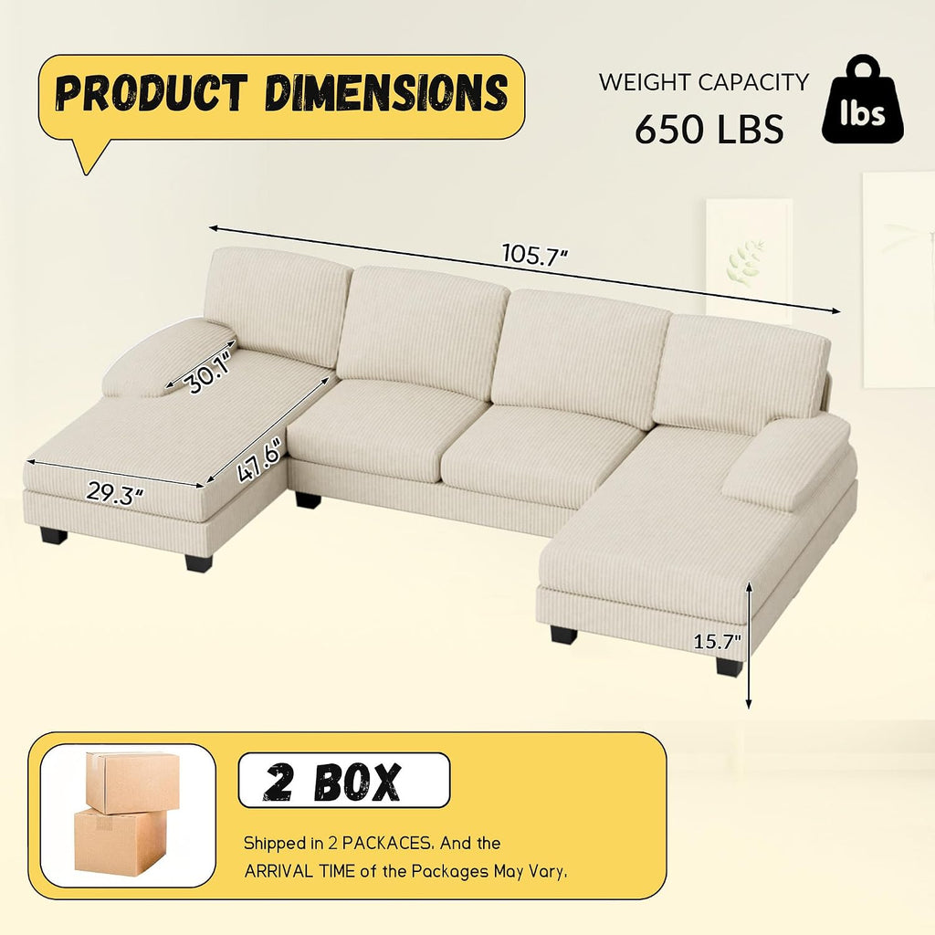 JUMMICO Sectional Couches for Living Room, U Shaped Couch with Chenille Fabric, 4 Seat Modern Sofa with Removable Pillows for Apartment and Small Space (Corduroy, Beige)