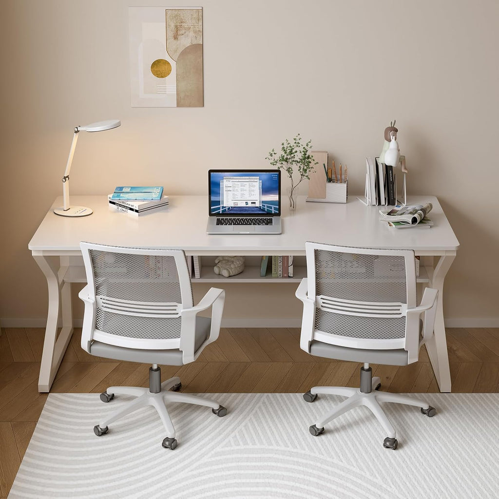 OSCHF Extra Long Desk with Bookshelf - 63' Double Long Writing Table for 2-Person Workstation, Modern Study Work Computer Desk for Home and Office, Warm White
