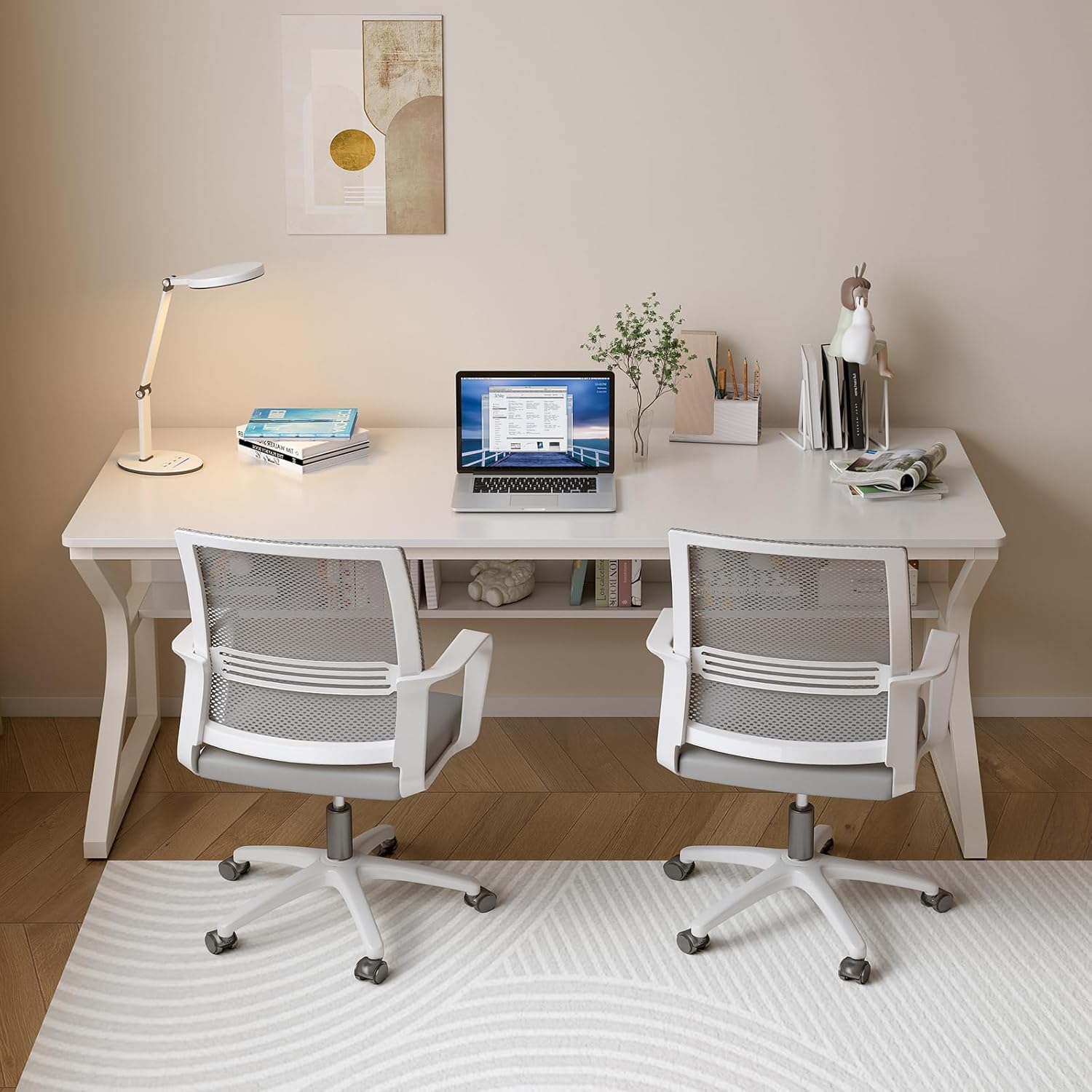 OSCHF Extra Long Desk with Bookshelf - 63' Double Long Writing Table for 2-Person Workstation, Modern Study Work Computer Desk for Home and Office, Warm White
