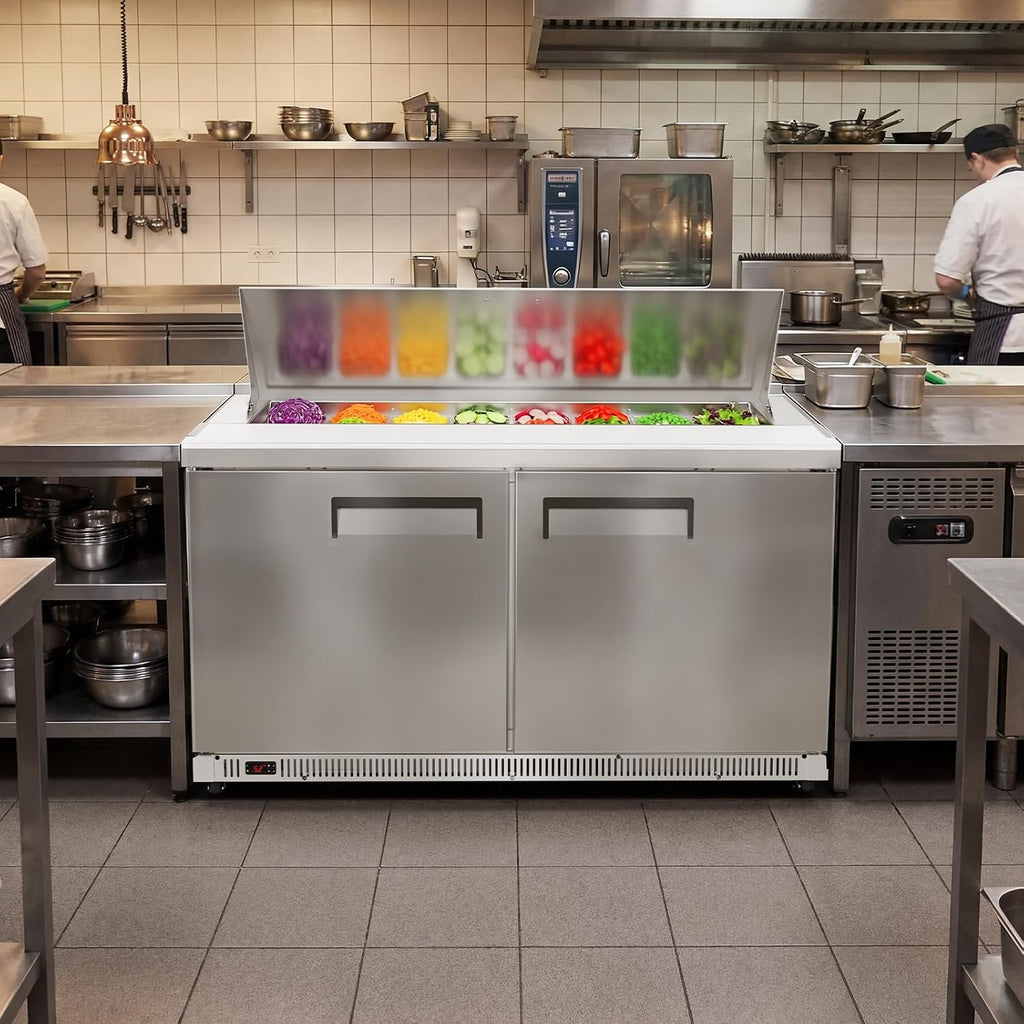 Tylza 60' Commercial Refrigerator, 16.3 Cu.Ft Sandwich Pizza Prep Table, Mega Top Worktop Fridge w/ 16 Pans & Cutting Board, 2-Door Stainless Steel Salad Prep Cooler for Restaurant & Food Truck