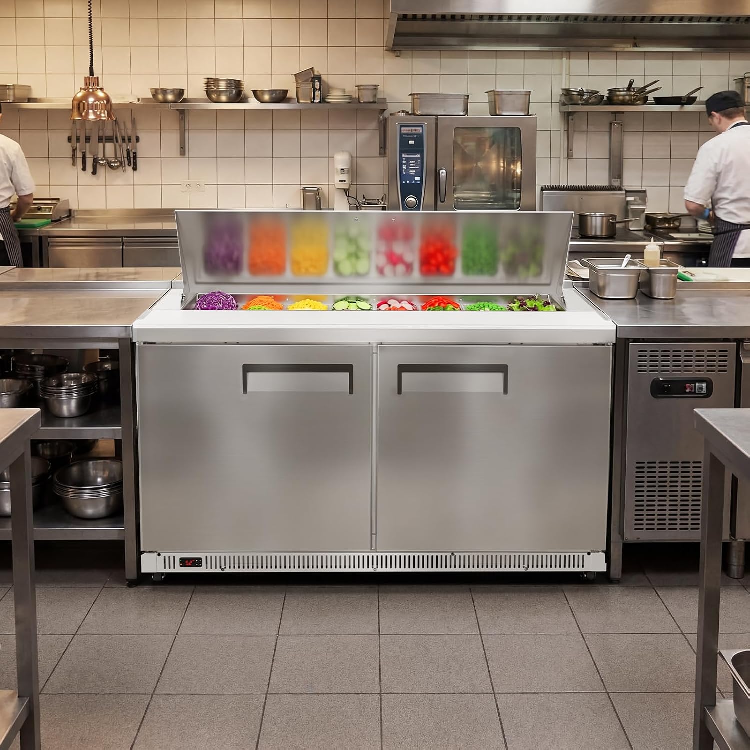 Tylza 60' Commercial Refrigerator, 16.3 Cu.Ft Sandwich Pizza Prep Table, Mega Top Worktop Fridge w/ 16 Pans & Cutting Board, 2-Door Stainless Steel Salad Prep Cooler for Restaurant & Food Truck