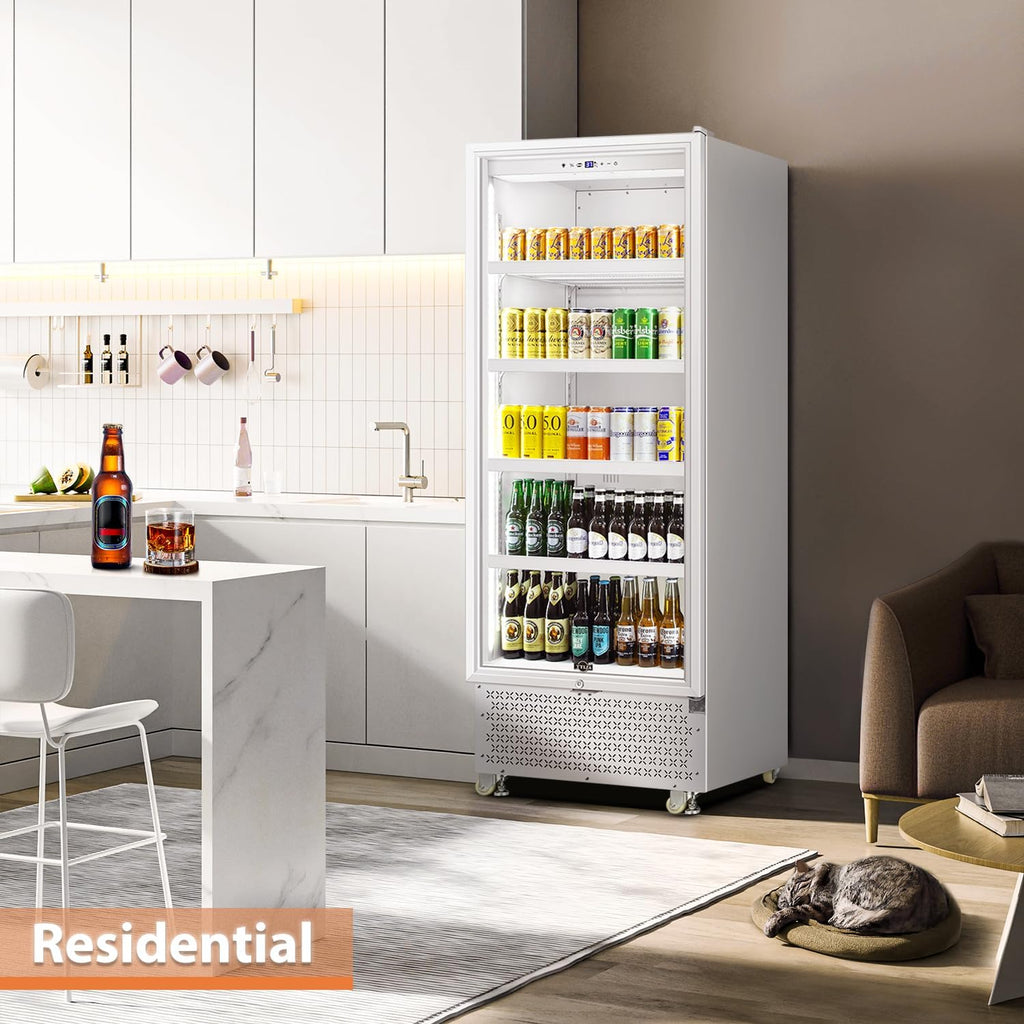 Tylza Commercial Refrigerator with Glass Door Display Beverage Fridge, 14.8 Cu Ft Upright Beverage Cooler Merchandiser with Rebound Door, Low Noise, Fast Cooling, White