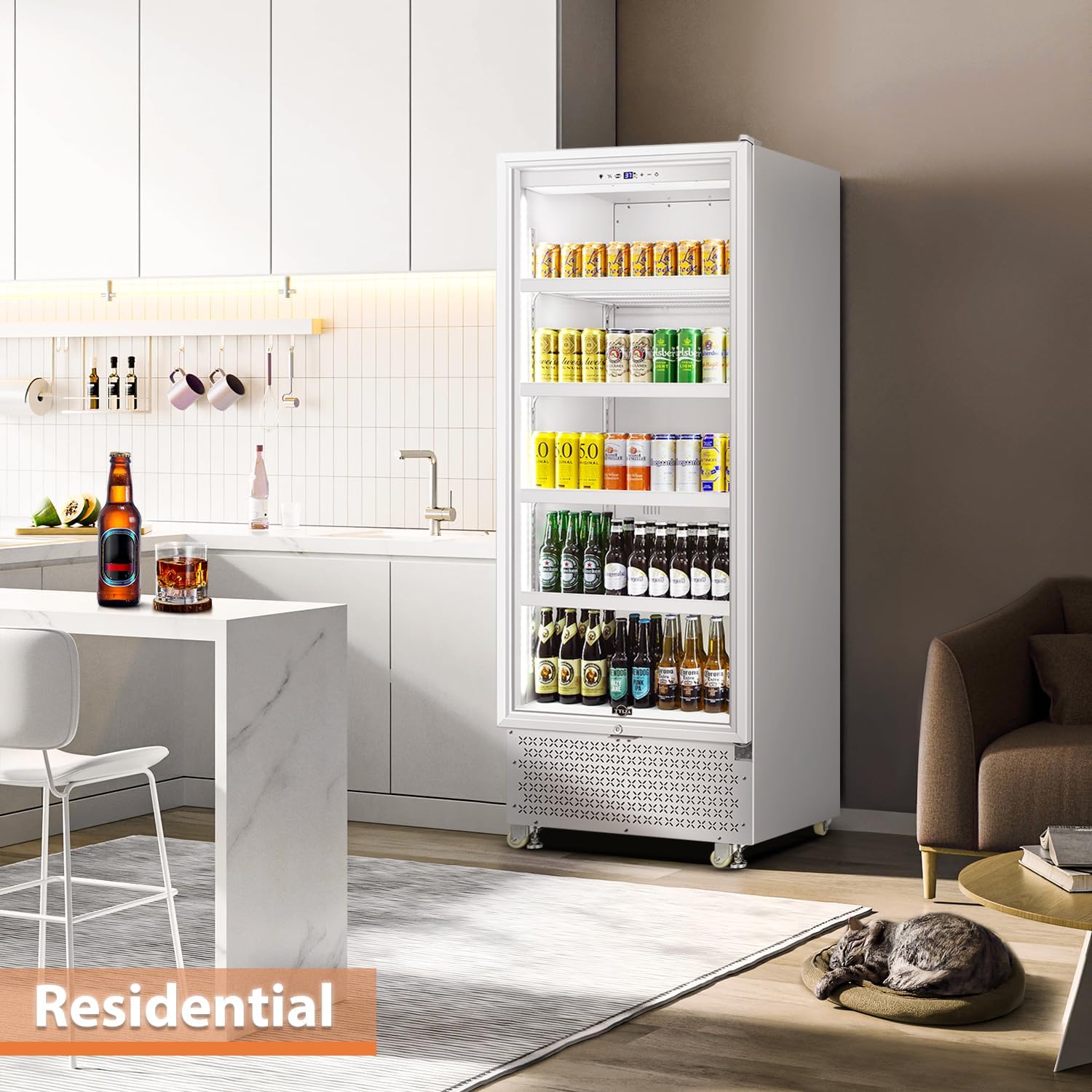 Tylza Commercial Refrigerator with Glass Door Display Beverage Fridge, 14.8 Cu Ft Upright Beverage Cooler Merchandiser with Rebound Door, Low Noise, Fast Cooling, White