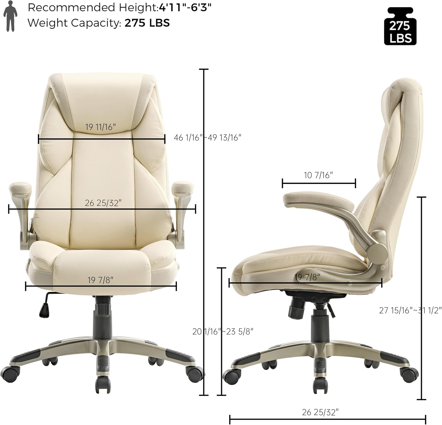 EUREKA ERGONOMIC Galene Executive Office Chair Flip Up Arm Rest, Ergonomic Desk Chair Faux Leather Computer Chair, High Back Office Chair with Headrest, Home Office Desk Chairs with Wheels, Beige